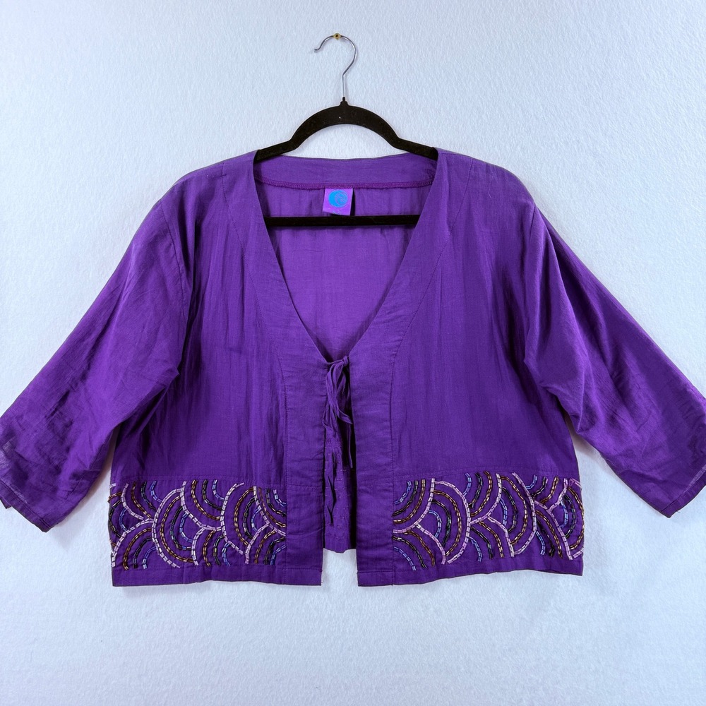 Tanami Beaded Shrug Women Medium Purple Boho Hippie‎ Artisanal Global Shirt Top